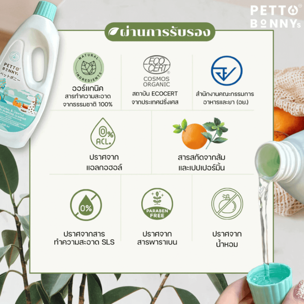 น้ำยาทำความสะอาดอเนกประสงค์ PETTO BONNYS สูตรเข้มข้น กลิ่นเปปเปอร์มินต์และส้ม 600 มล. ชนิดถุงเติม 12 ถุง